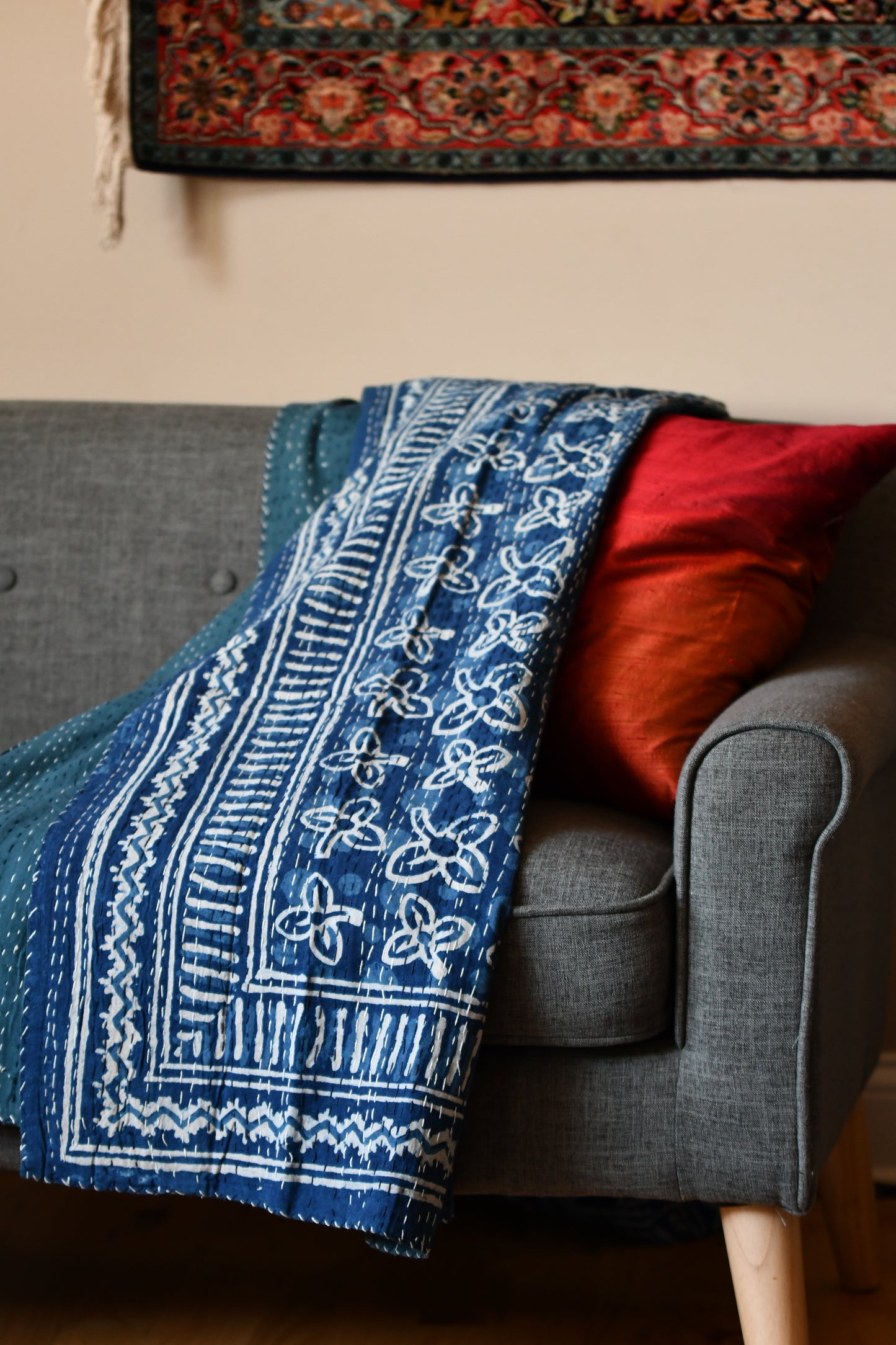flore kantha quilt fair trade hand stitched indigo