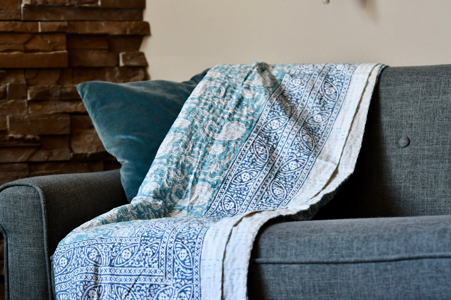 somnium kantha quilt fair trade hand stitched block print