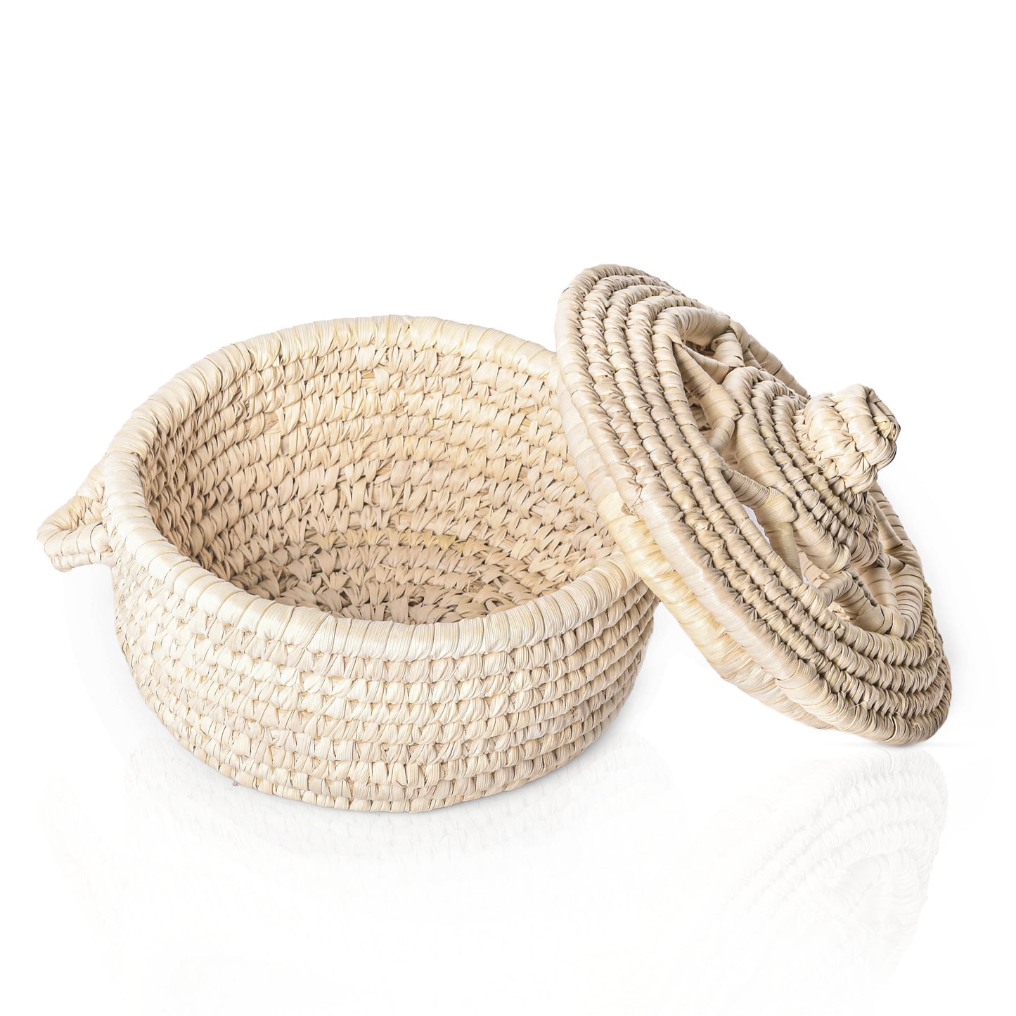 round wicker pot with lid fair trade handwoven in egypt