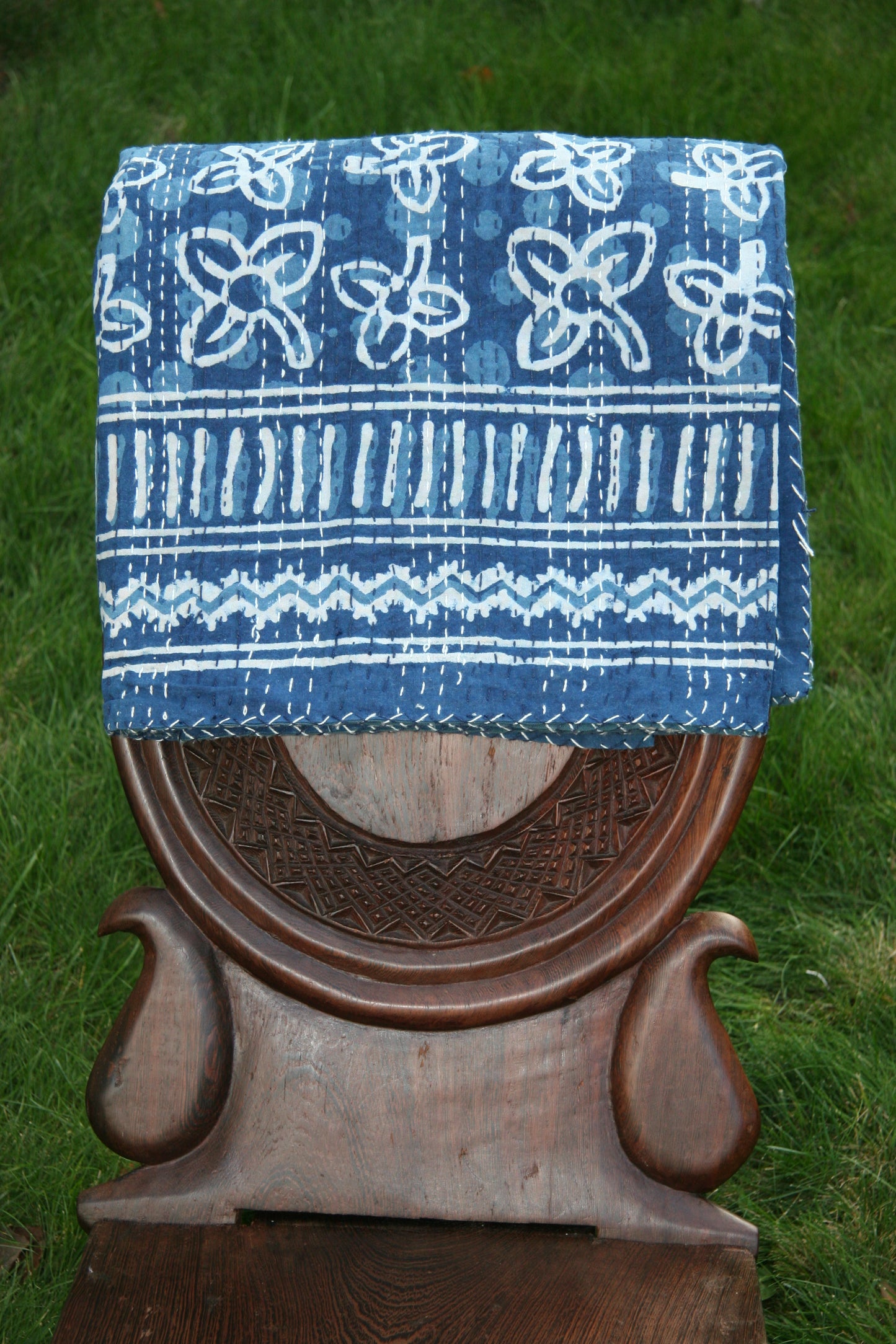 flore kantha quilt fair trade hand stitched indigo