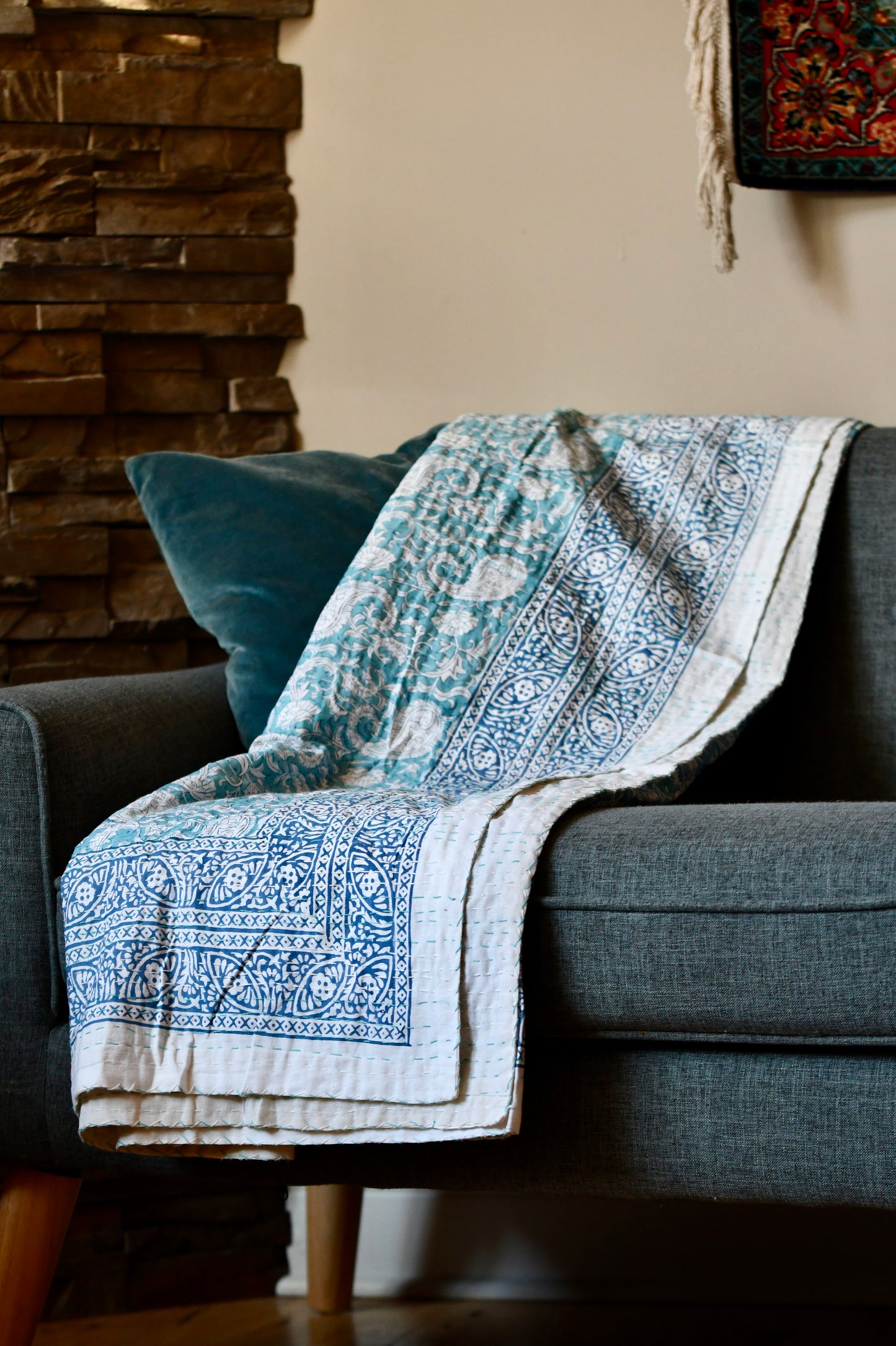 somnium kantha quilt fair trade hand stitched block print