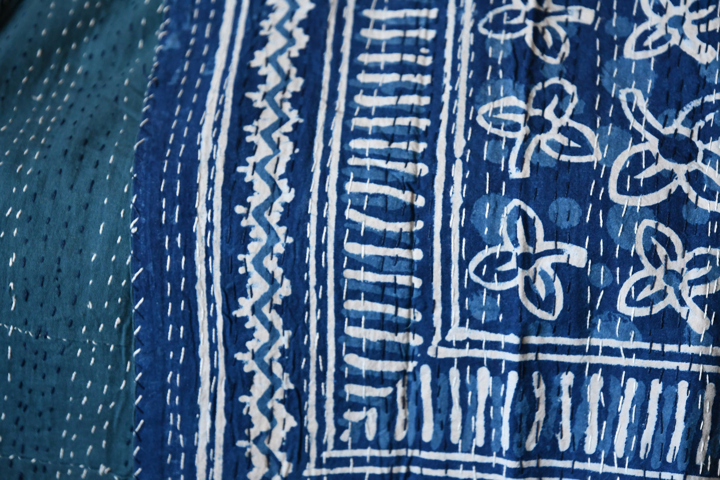 flore kantha quilt fair trade hand stitched indigo