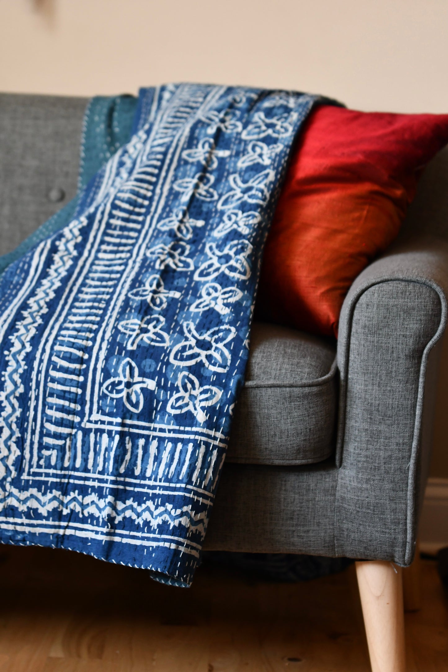 flore kantha quilt fair trade hand stitched indigo