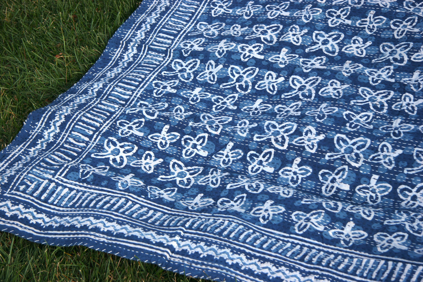 flore kantha quilt fair trade hand stitched indigo