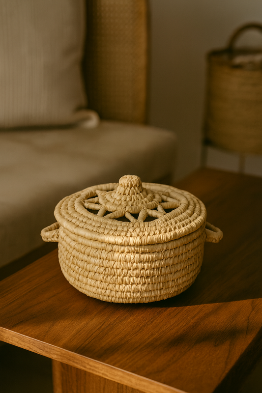 round wicker pot with lid fair trade handwoven in egypt