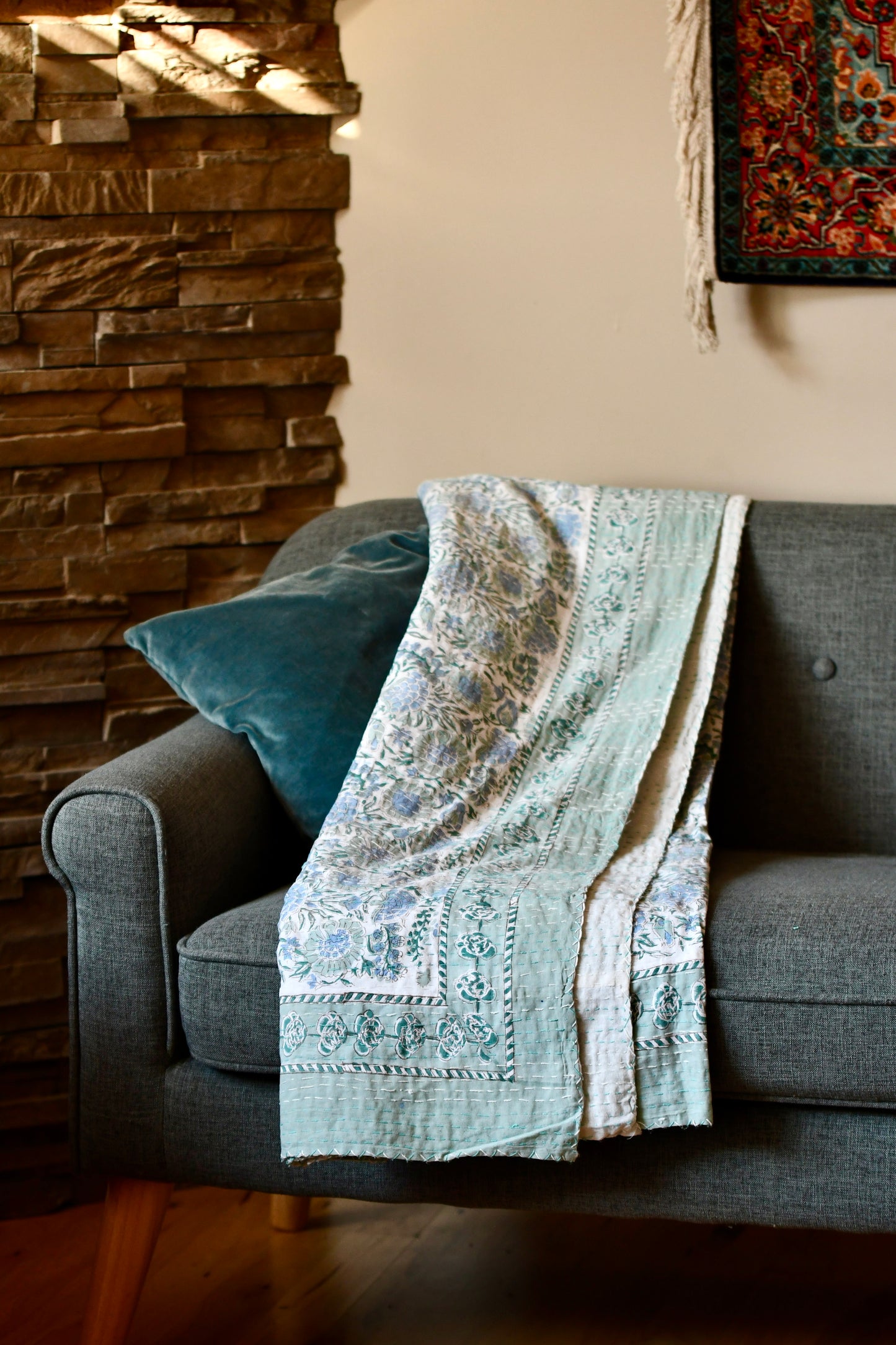 Elisium Kantha Quilt - Fair Trade Hand-Stitched Block Print