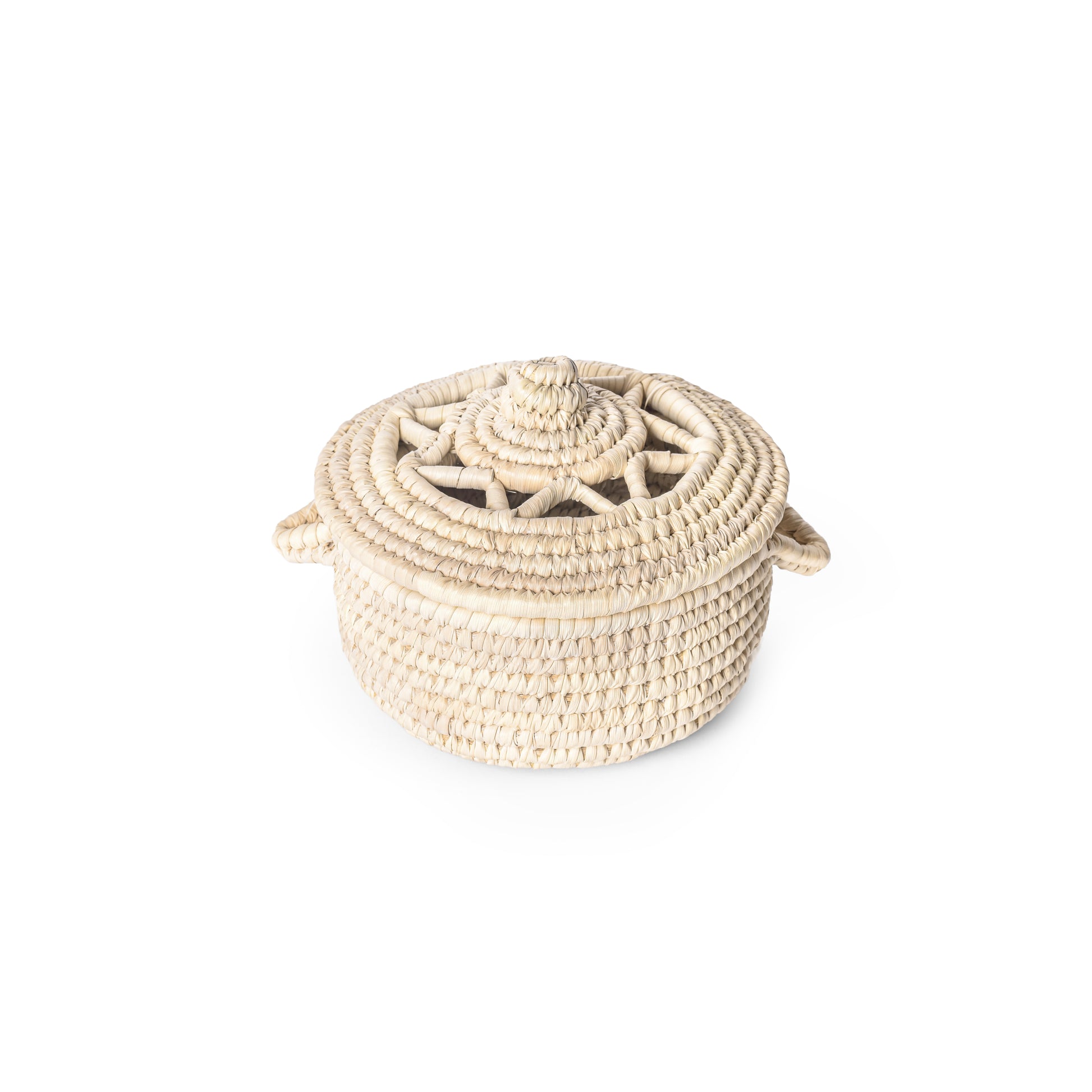 round wicker pot with lid fair trade handwoven in egypt